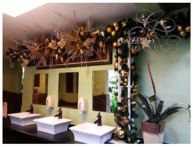 Our male restroom adorned with Christmas trimmings